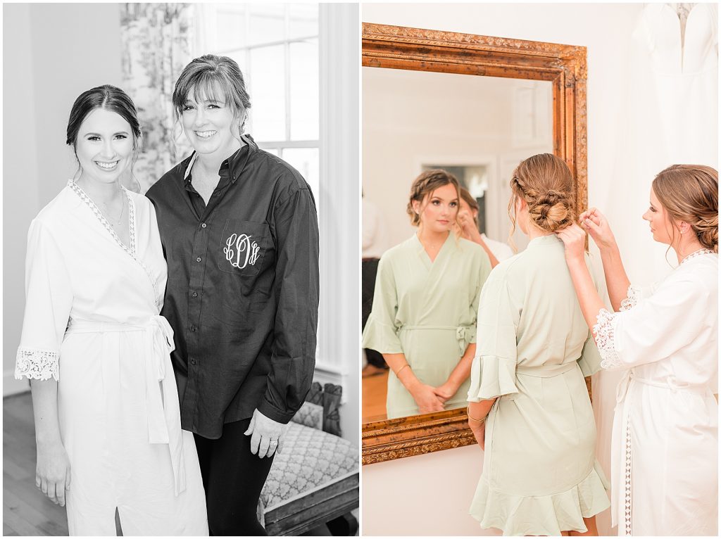 brides mom sister in robes getting ready for wedding ceremony at waverly estate in southern virginia