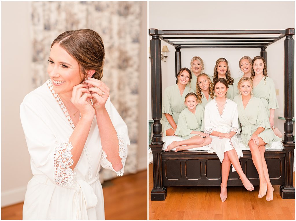 bride putting on jewelry and bridesmaids sitting on bed in robes at waverly estate in southern virginia