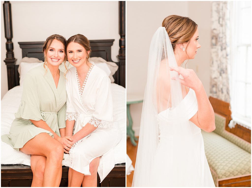 bride and brides sister maid of honor helping her get ready at waverly estate in southern virginia