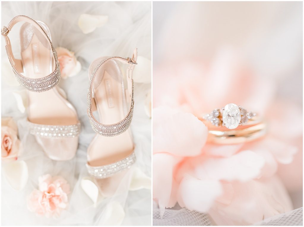 soft white and blush pink virginia wedding details of the shoes and rings