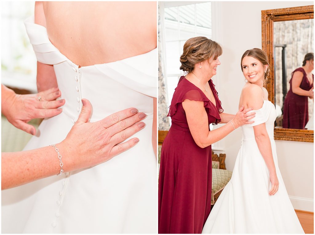 brides mother helping bride button her wedding dress in plantation getting ready room at Waverly Estate in southern Virginia