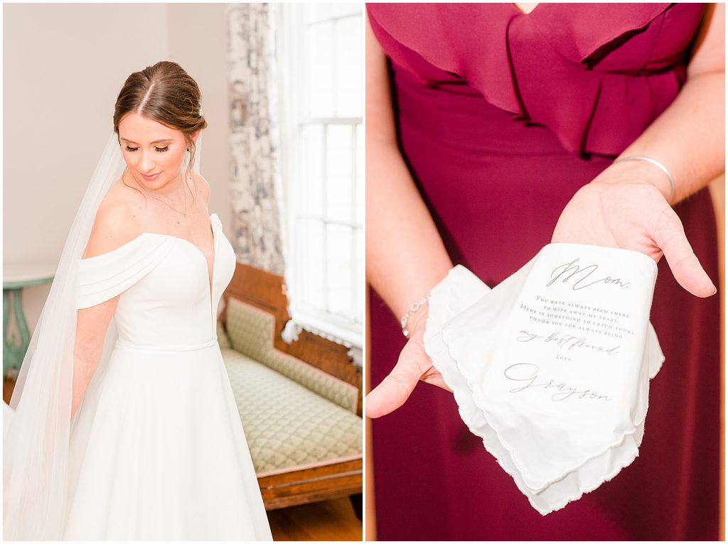 bride playing with her veil and mothers gift hankerchief with special note at Waverly Estate in southern Virginia