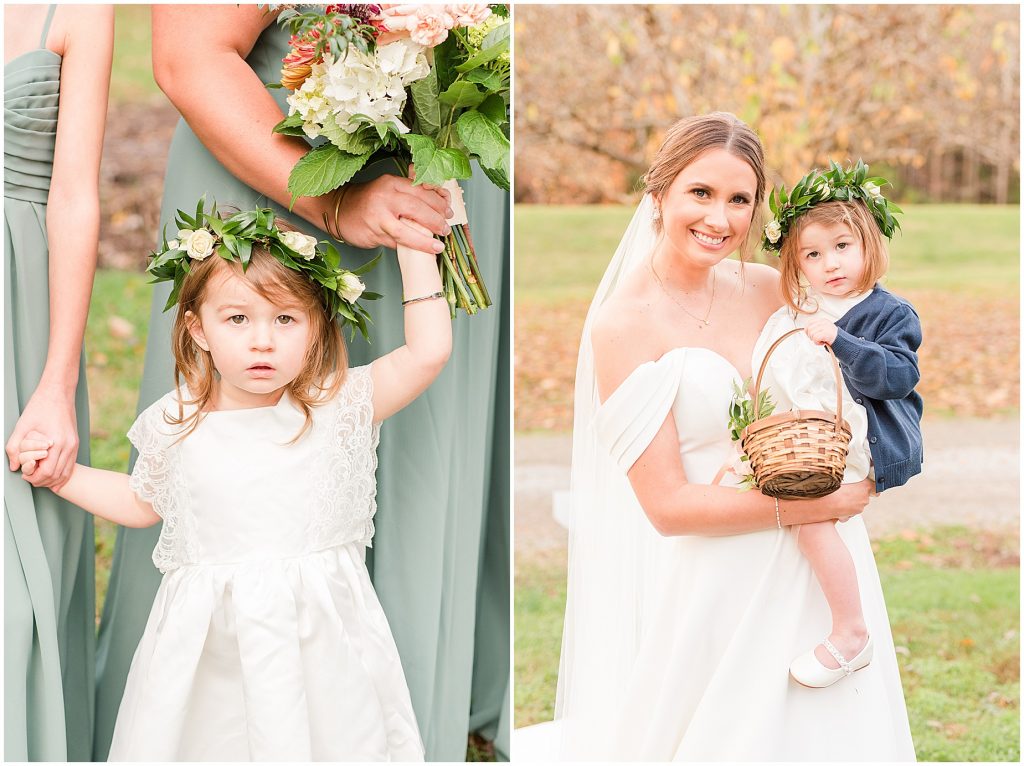 Bride with flower girl wearing floral crown at Waverly Estate in southern Virginia