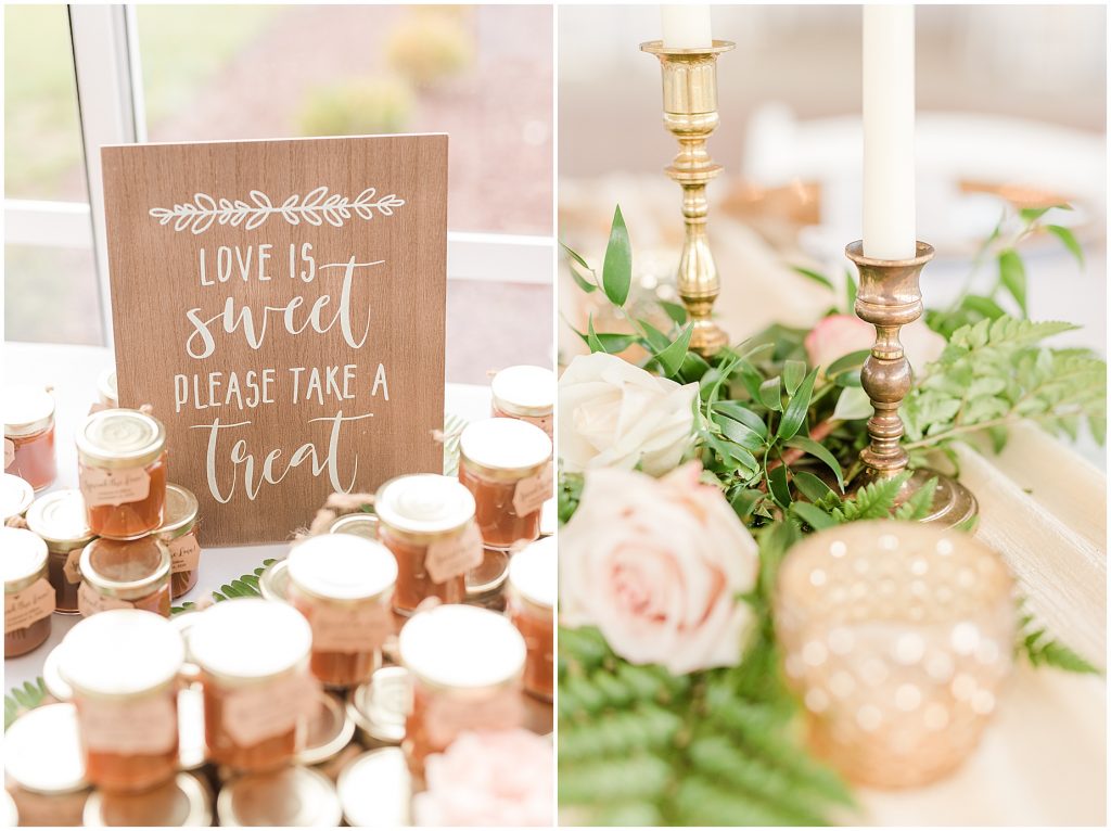 wedding reception details candlesticks and wedding favors at Waverly Estate in southern Virginia