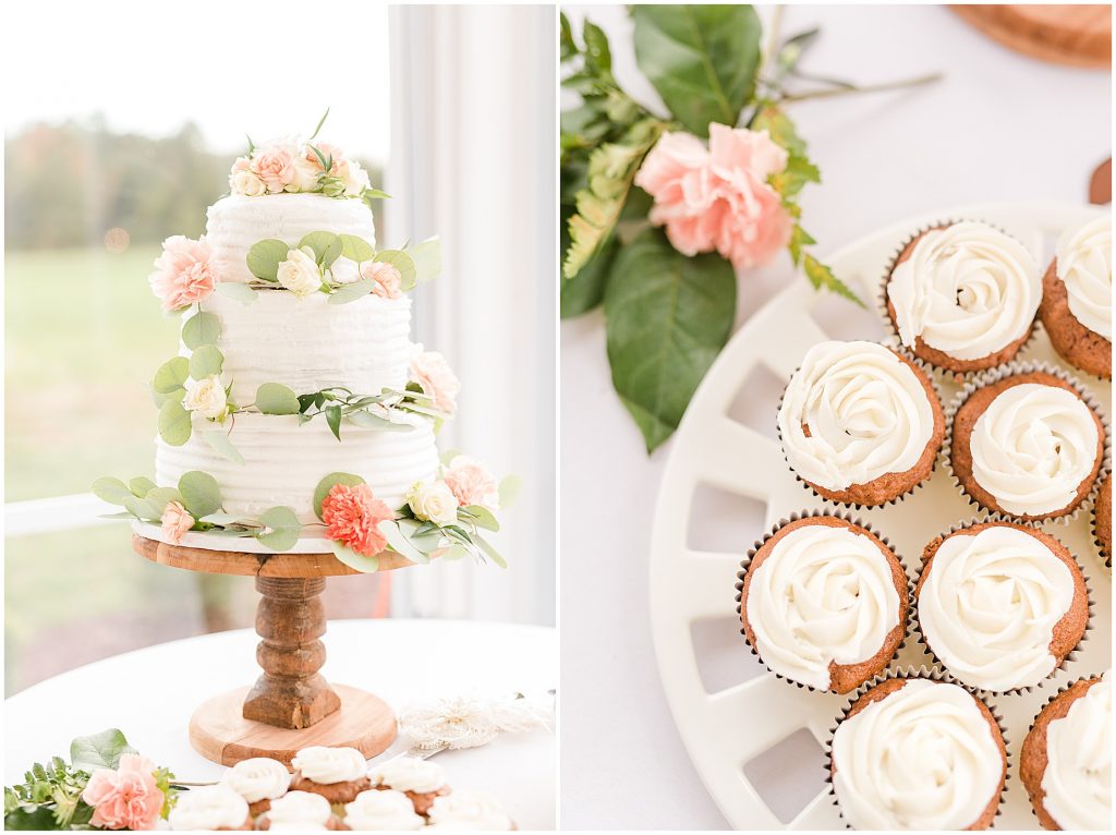 reception details wedding cake and cupcakes at Waverly Estate in southern Virginia