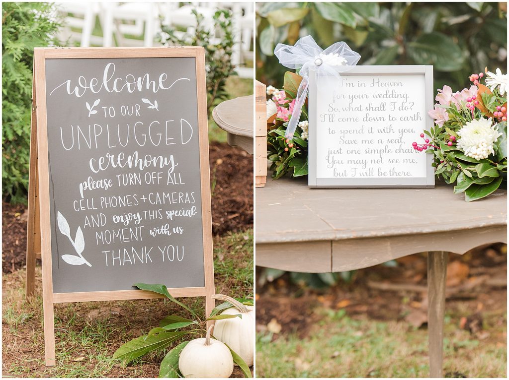 ceremony detail signs and flowers at Waverly Estate in southern Virginia