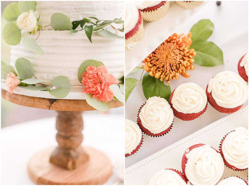 reception details wedding cake and cupcakes at Waverly Estate in southern Virginia