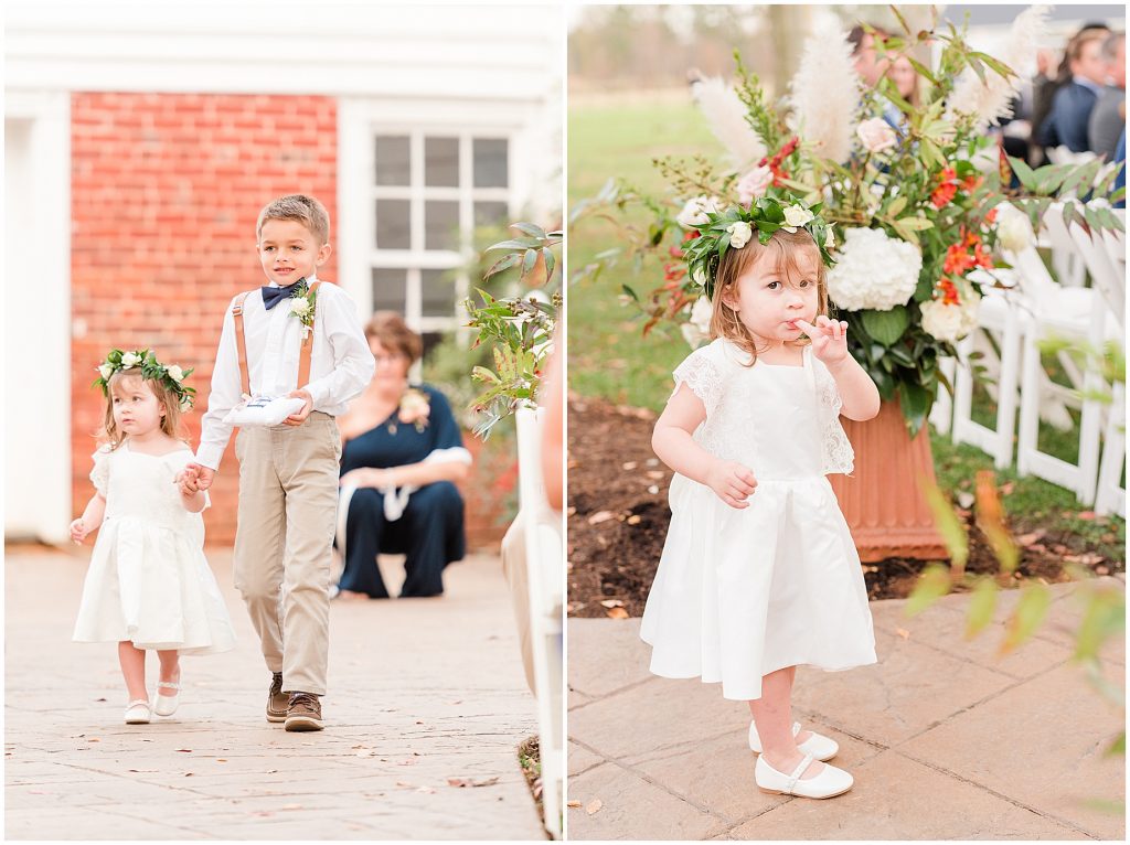 ceremony ring bearer and flower girl walking down aisle at Waverly Estate