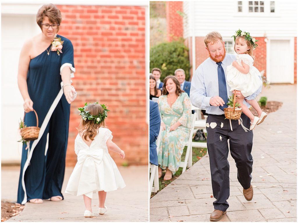 flower girl needs help from parents walking down aisle at Waverly Estate