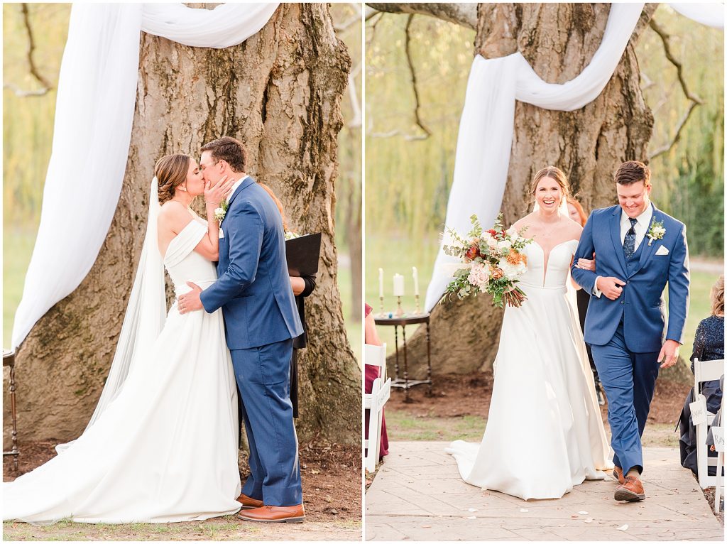 bride and groom sharing first kiss after being married and walking down aisle at Waverly Estate