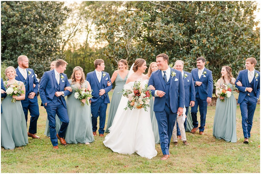 bridal party walking from wedding at Waverly Estate in southern Virginia