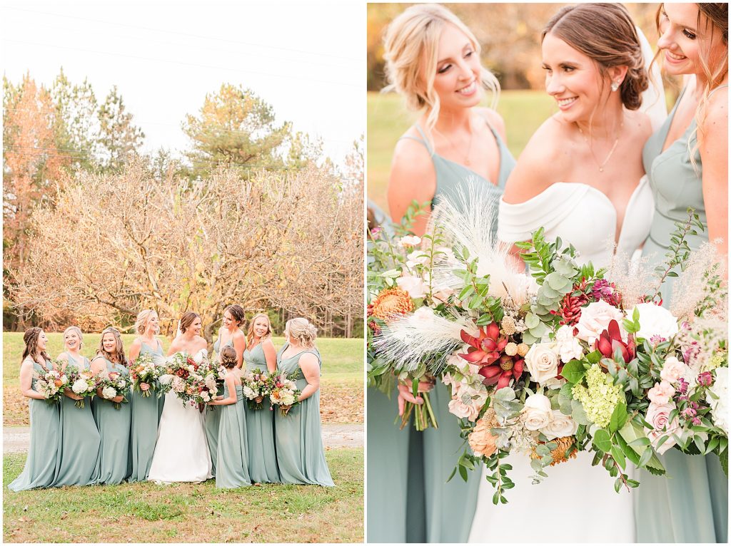 bride and bridesmaids smiling with flowers in mint dresses at Waverly Estate