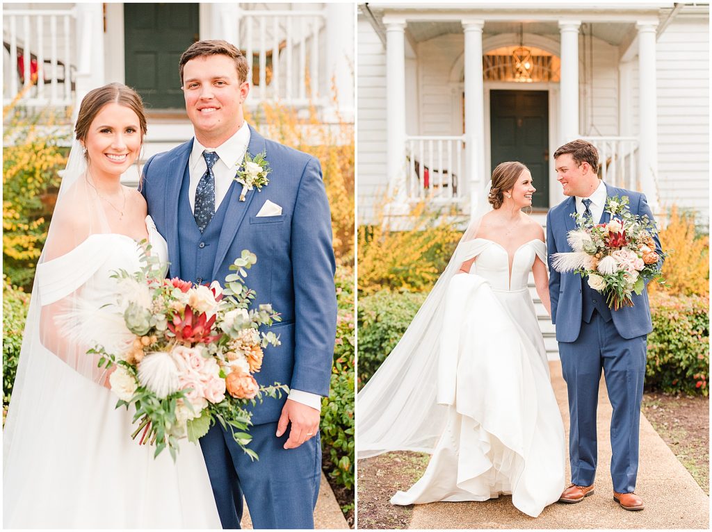 bride and groom portraits in front of plantation house at Waverly Estate in southern Virginia