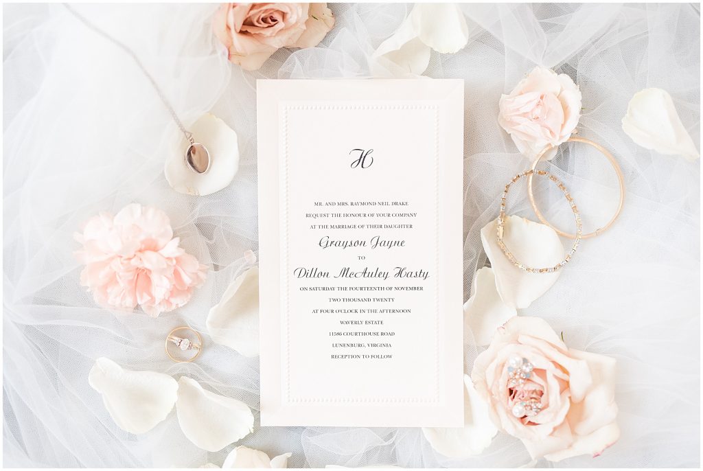 classic white wedding invitation with blush pink accents virginia wedding