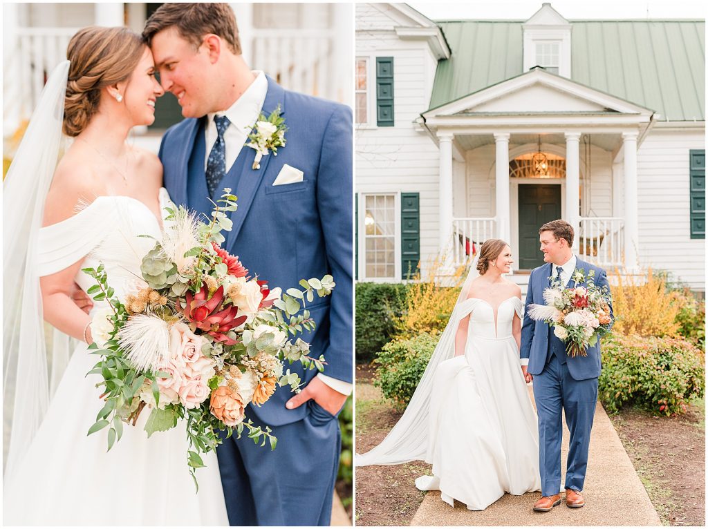 bride and groom walking with flowers in front of plantation house at Waverly Estate in southern Virginia