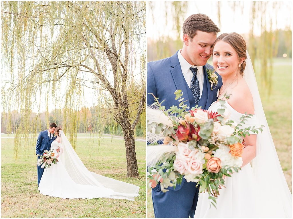 bride and groom standing in a willow tree at Waverly Estate in southern Virginia