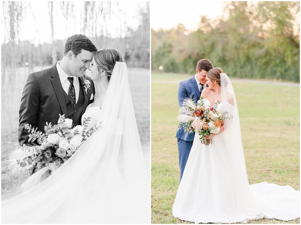 bride and groom standing in a willow tree at Waverly Estate in southern Virginia