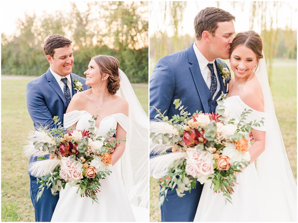 bride and groom standing in a willow tree at Waverly Estate in southern Virginia