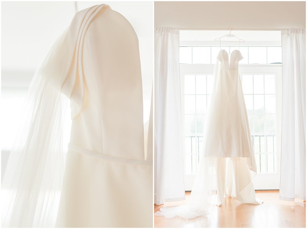 brides dress hanging in bridal suite at waverly estate virginia wedding venue