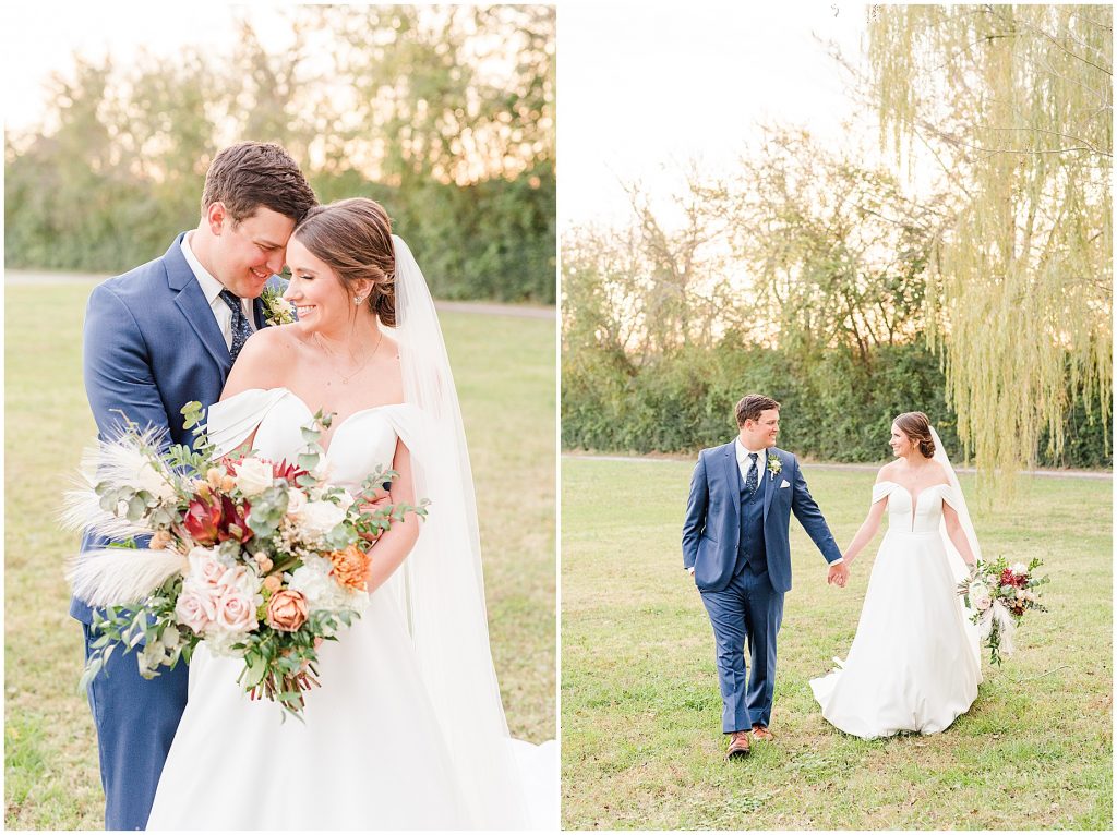 bride and groom walking from willow tree in field at Waverly Estate in southern Virginia