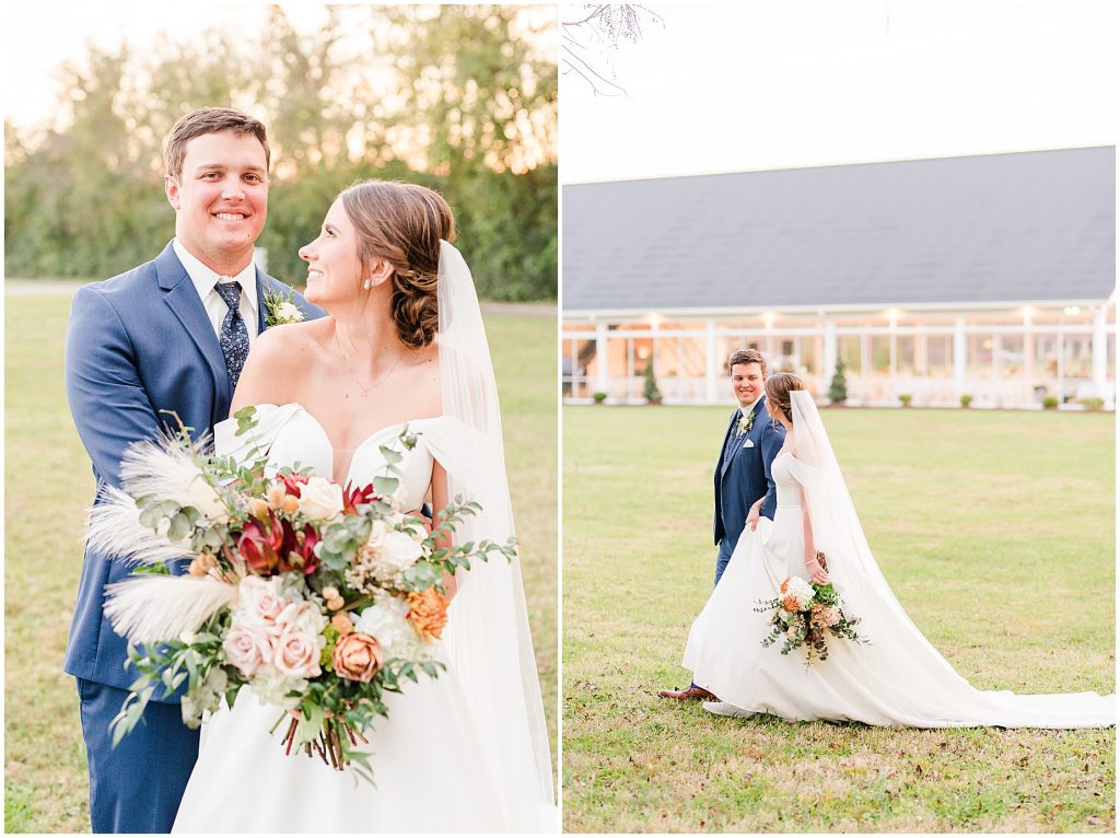 bride and groom walking in front of tent in field at Waverly Estate in southern Virginia