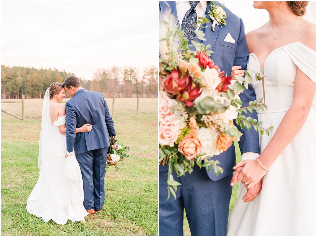 bride and groom and wedding couple holding hands in field at Waverly Estate in southern Virginia