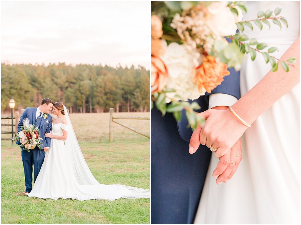 bride and groom standing in open field and holding hands with big ring at Waverly Estate