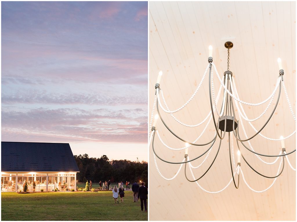 reception space tent at night with chandelier