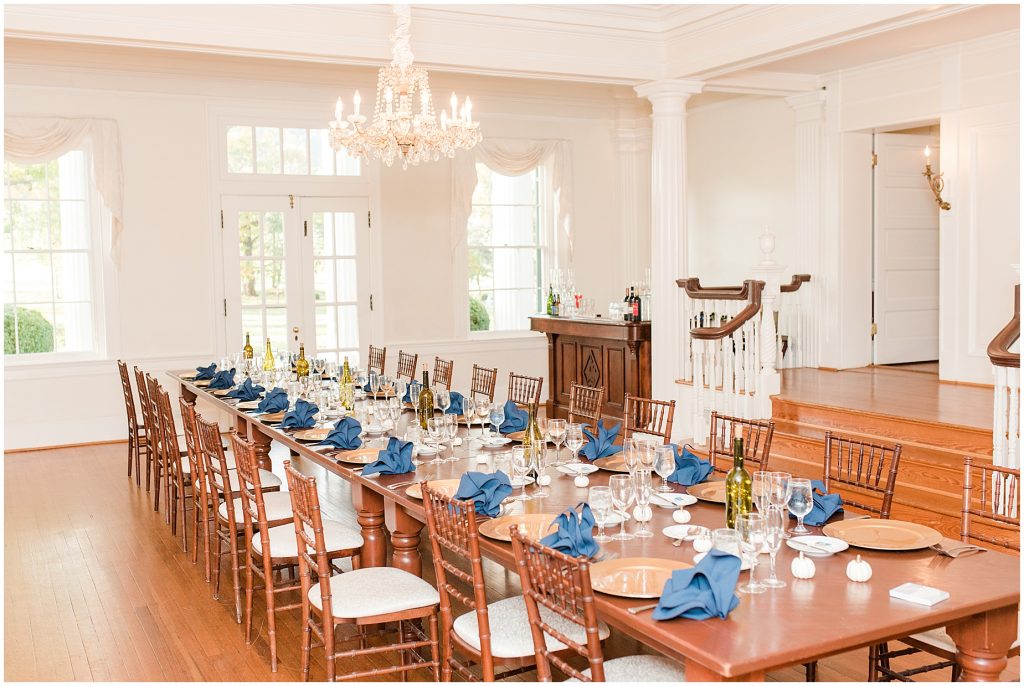 reception details inside whitehall estate for mini wedding dinner