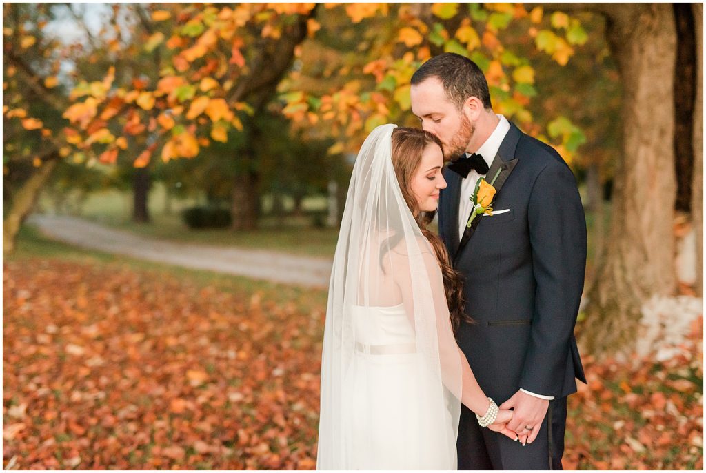 evening portraits fall bride and groom portraits under trees at whitehall estate in bluemont