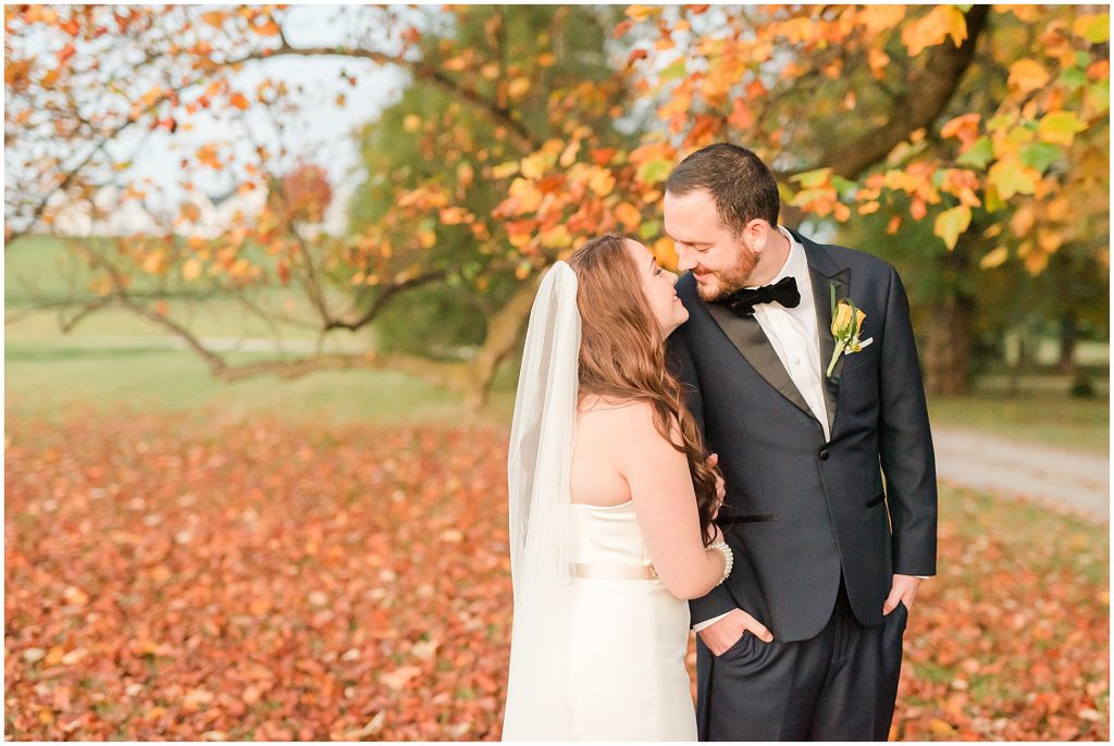 fall bride and groom portraits under trees at whitehall estate in bluemont
