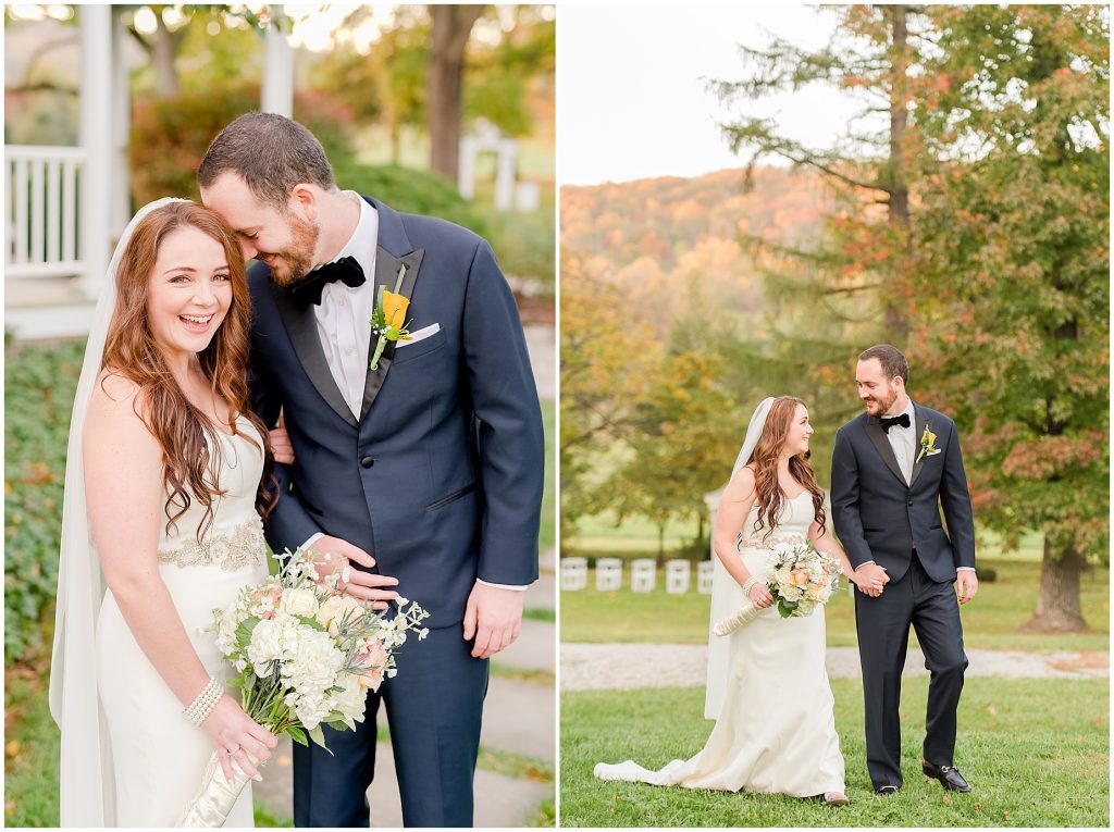 bride and groom portraits at whitehall estate in bluemont virginia navy and black suit