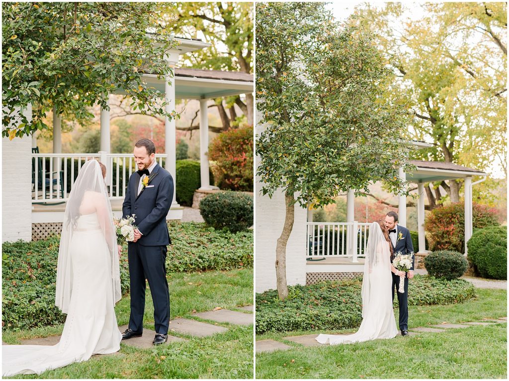 bride and groom first look at whitehall estate in bluemont virginia