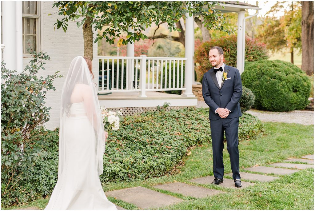 bride and groom first look at whitehall estate in bluemont virginia