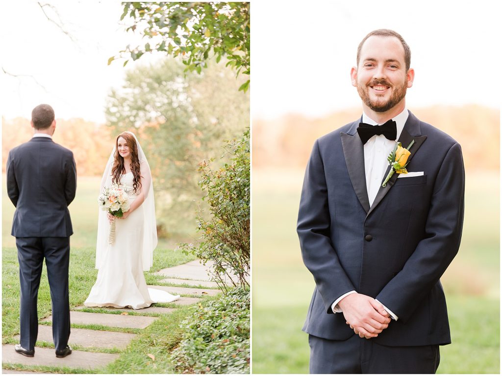 bride and groom first look at whitehall estate in bluemont virginia