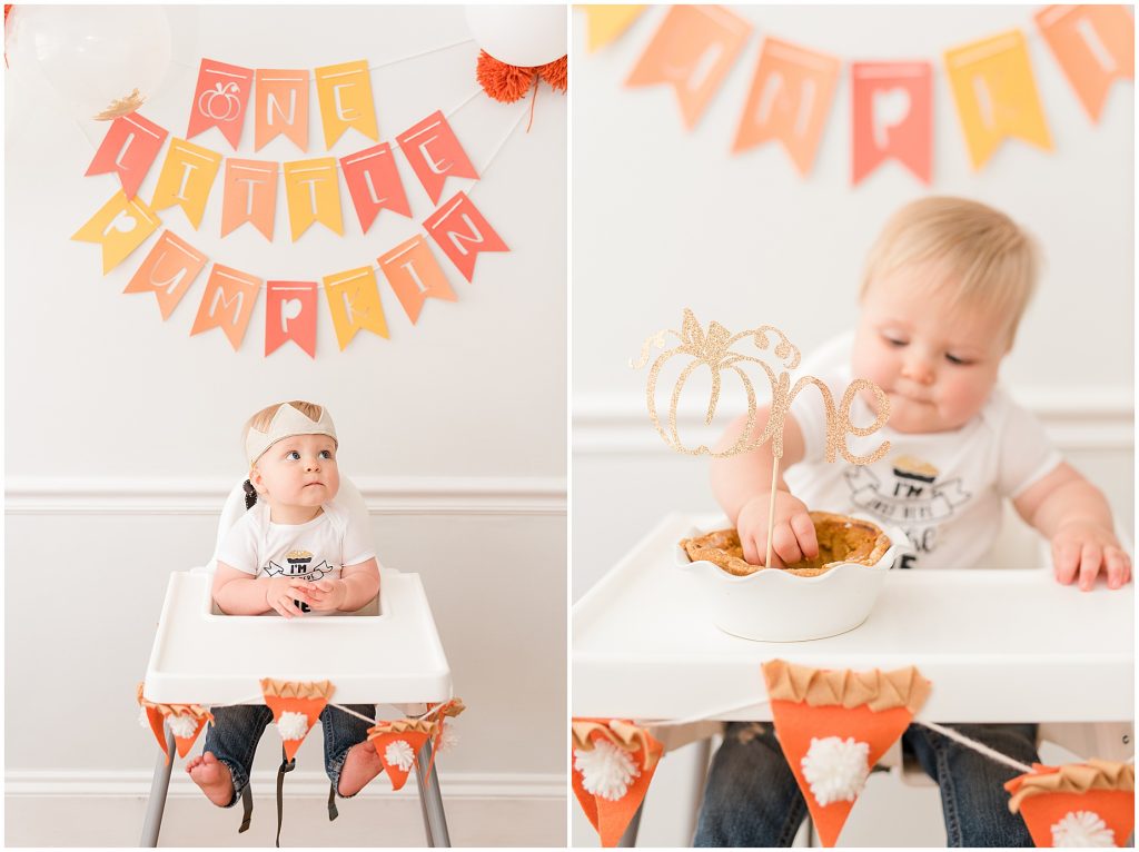 baby boy celebrates his first year birthday with pie and presents