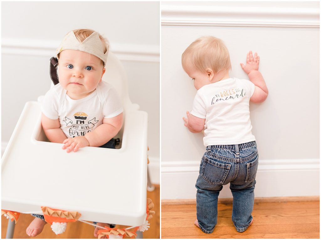 baby boy celebrates his first year birthday with pie and presents