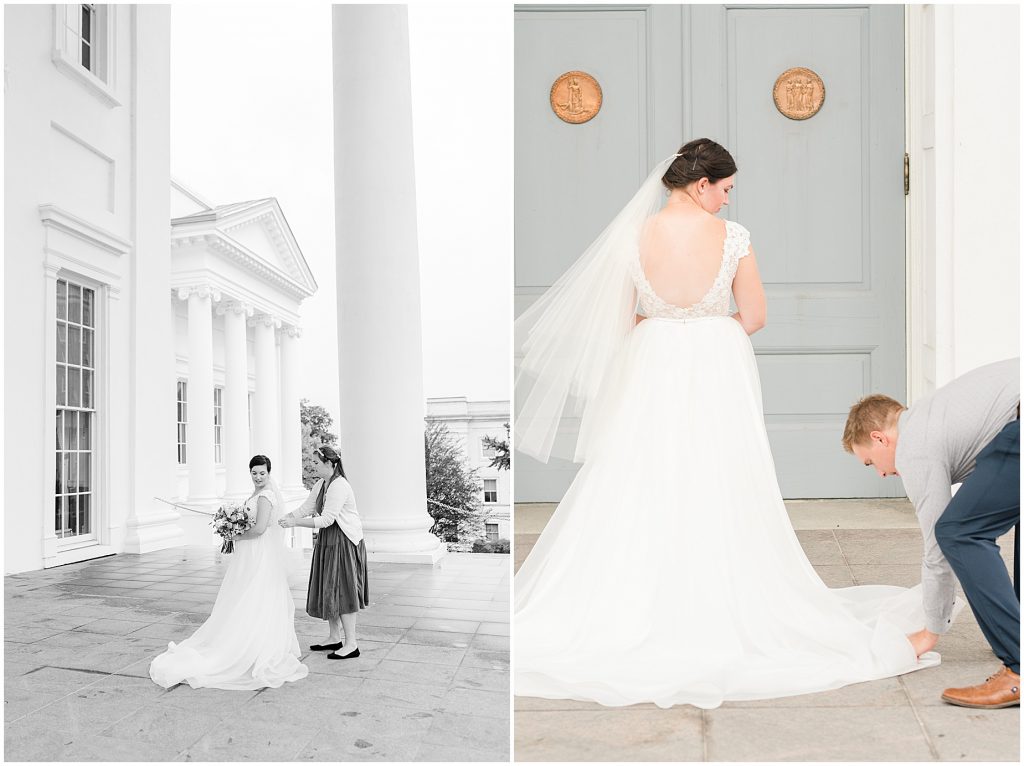 Virginia Photographers Behind the Scenes helping bride after the ceremony at the virginia Capitol Building in richmond