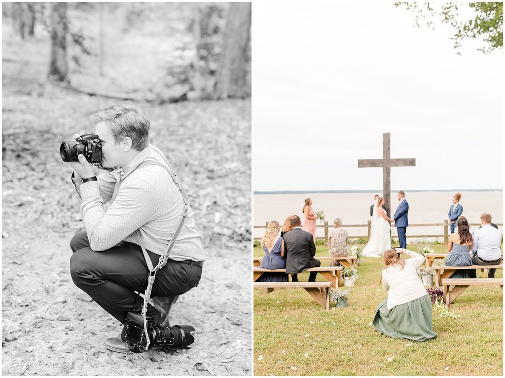 photographer taking portraits of bride and groom at ceremony next to the james river at Chanco