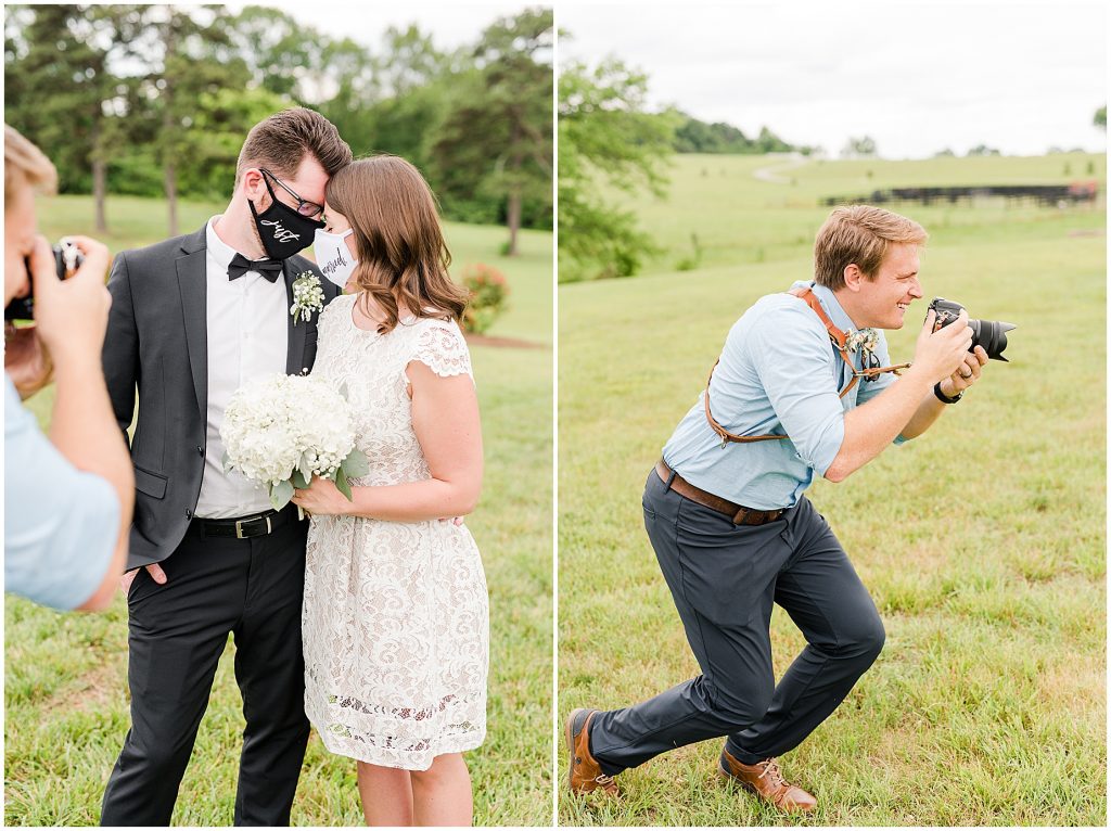 bride and groom with photographer at edgewood barn in Charlottesville during covid-19