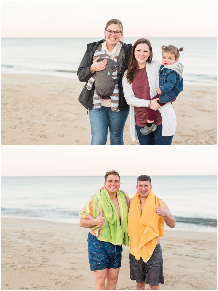 friends with kids standing at beach and guys wet from going into ocean