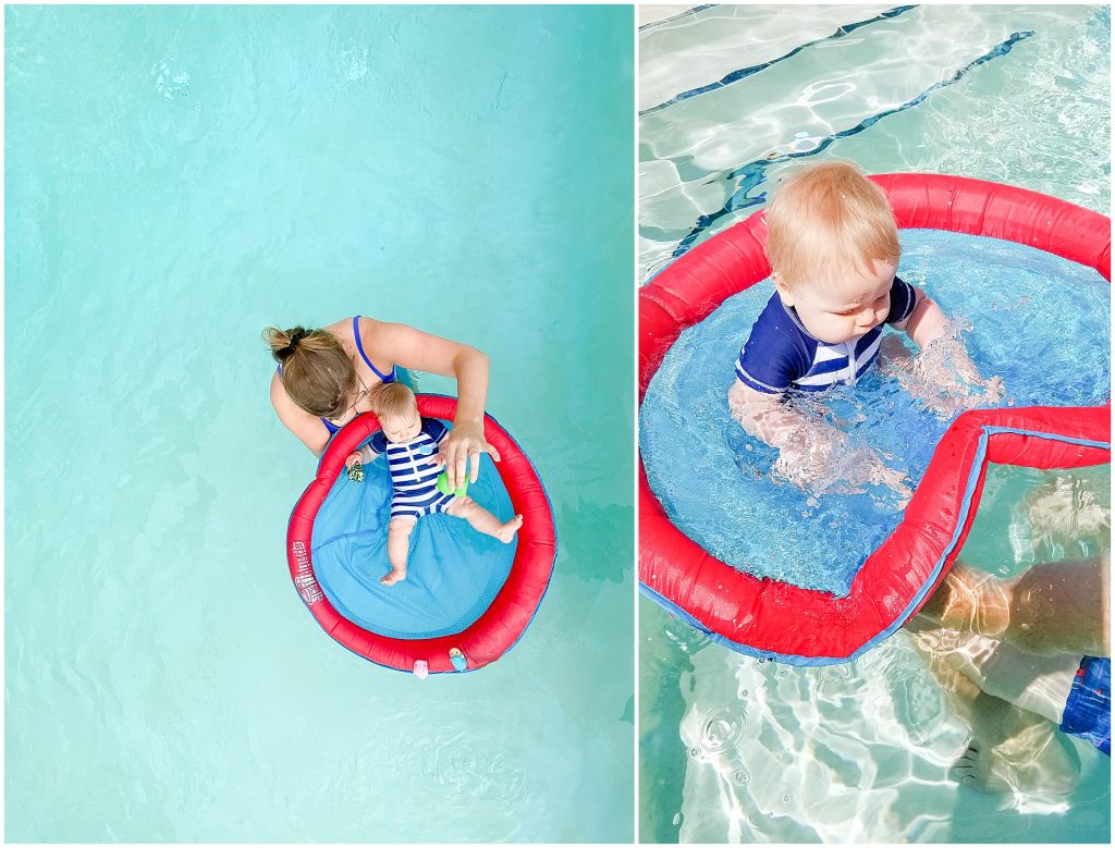baby boy in pool with float and mom