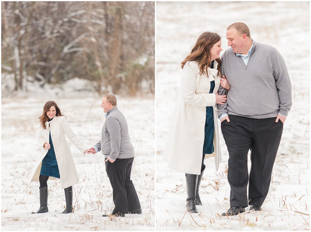 field on belle isle in richmond during the snow with engagement session couple