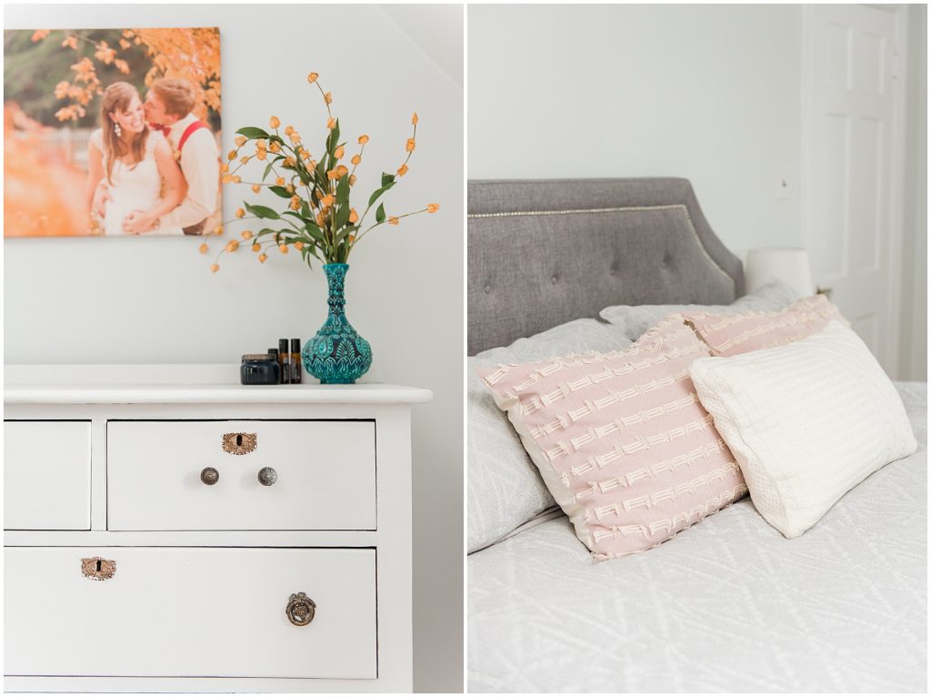 bed, bedroom, bright, dresser, grey, photographers, reclaimed, Renovation, Richmond, upstairs, Virginia, wedding, white