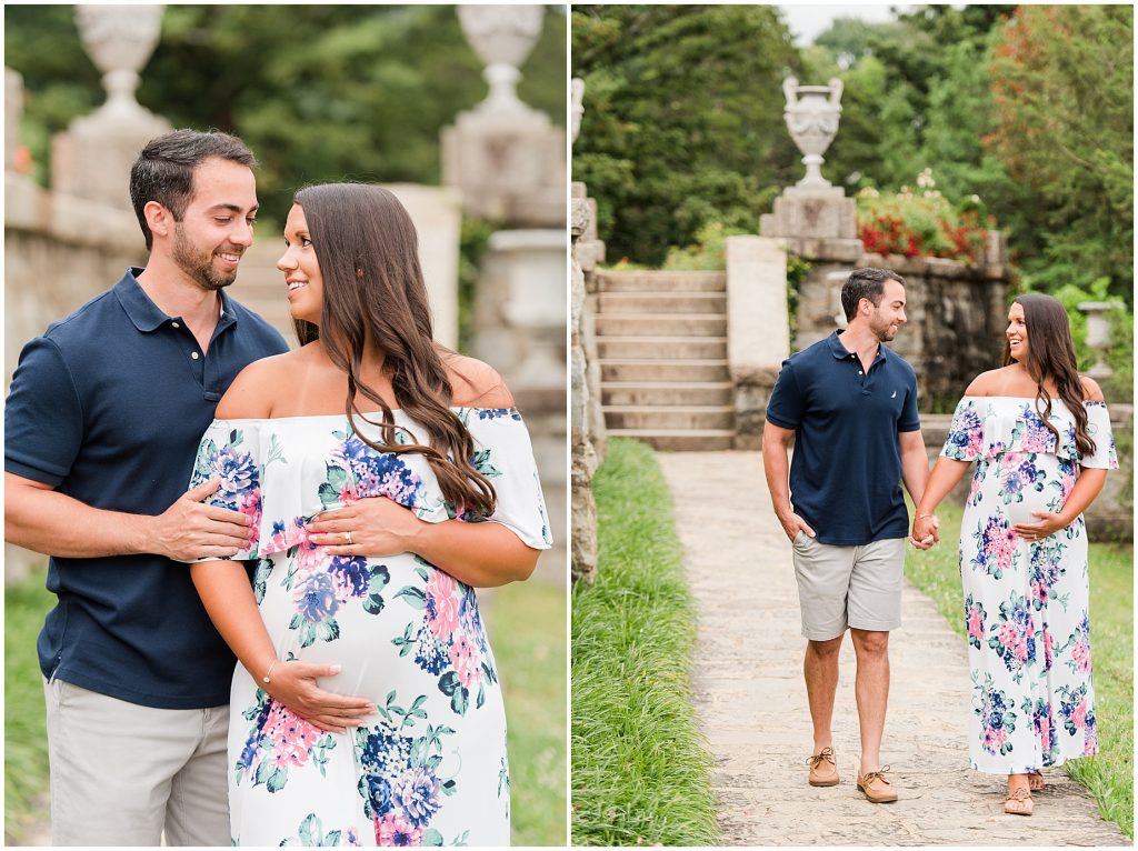 maymont maternity session with floral dress on path and blooming flowers in Richmond Virginia