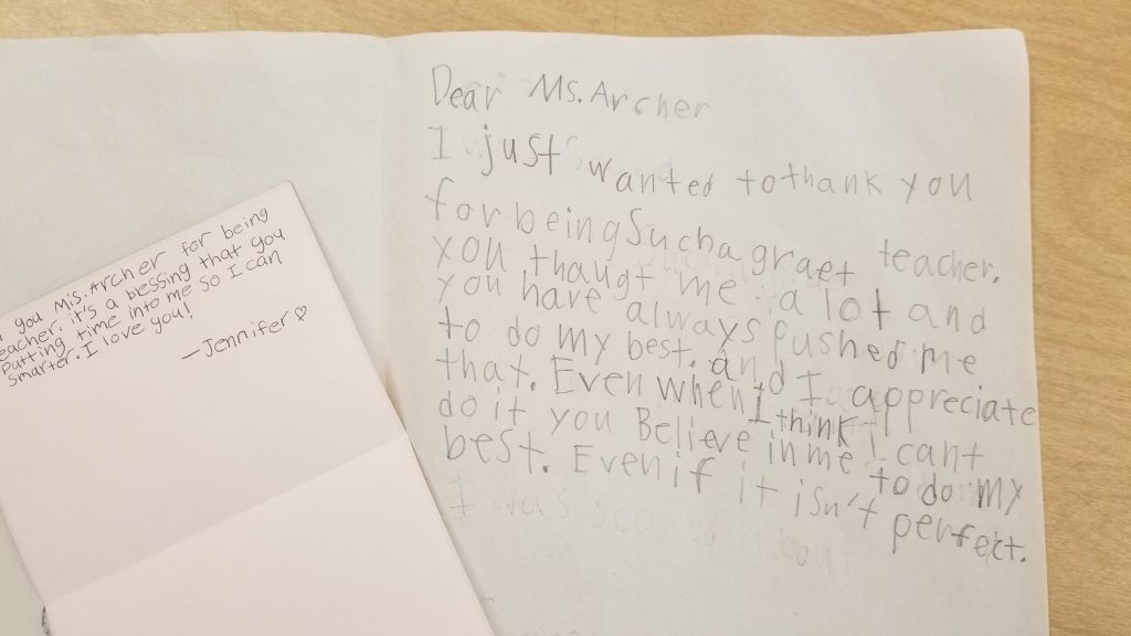 note from students that laura taught in her nine years as a teacher