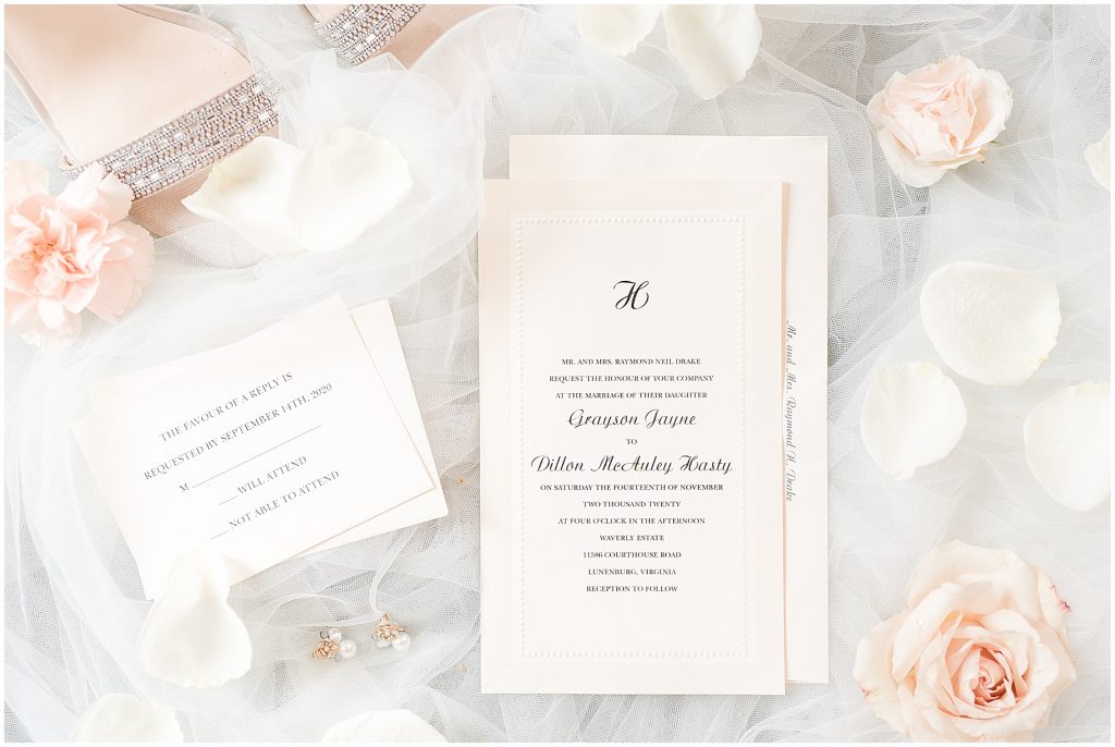 classic white wedding invitation with blush pink accents virginia wedding