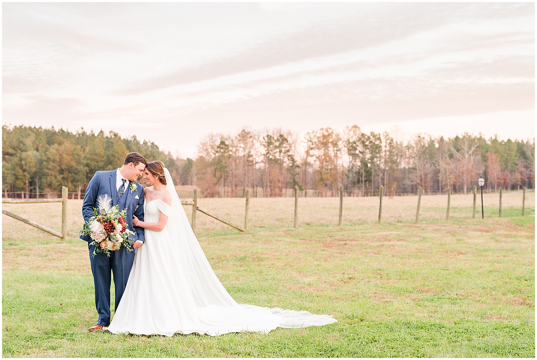 bride and groom face to face in field at Waverly Estate in southern Virginia