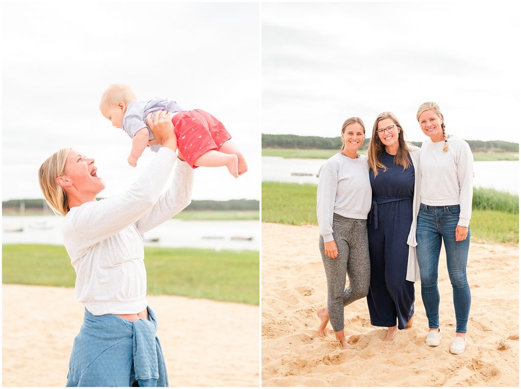 summer trip to cape cod with family standing on the beach near boats